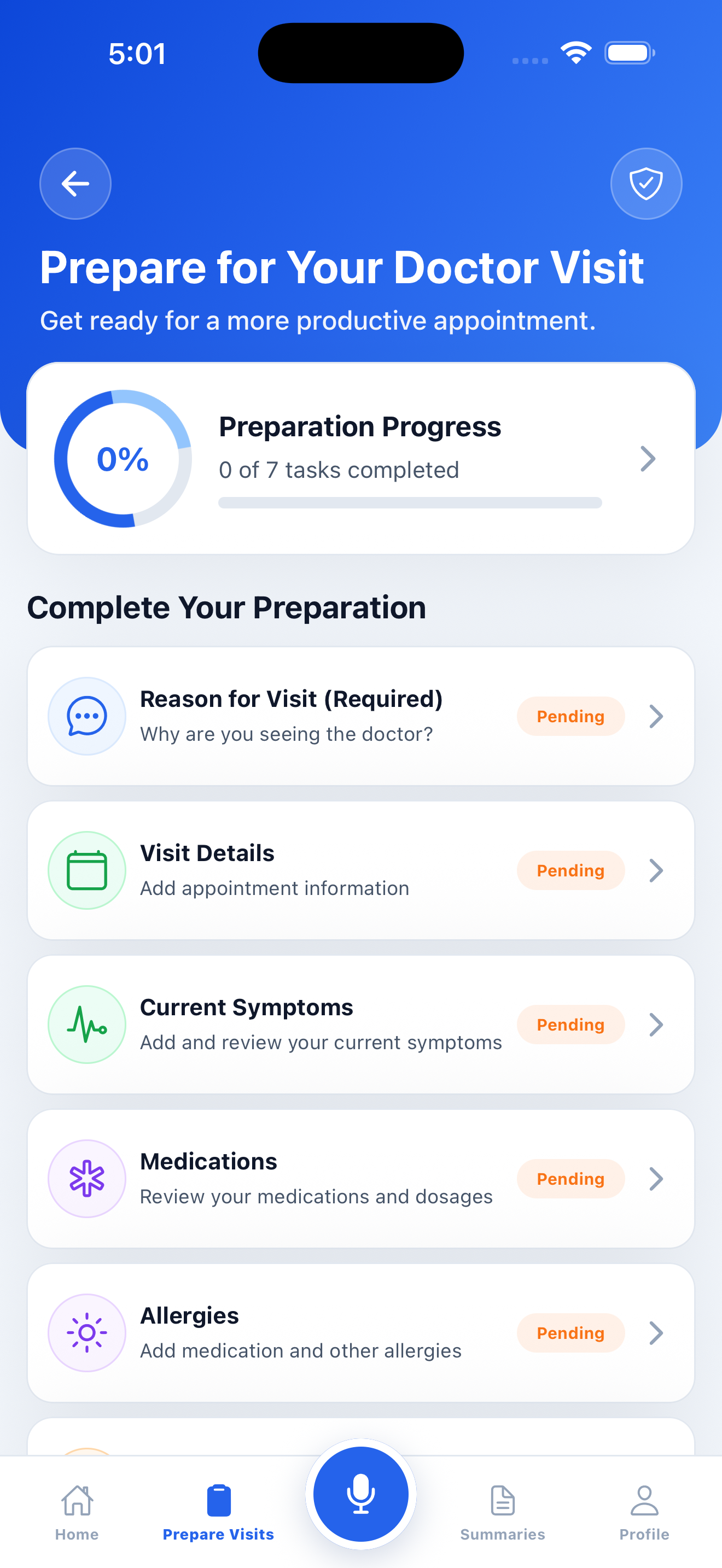 MedsBuddy mobile app showing the Prepare for Your Doctor Visit checklist